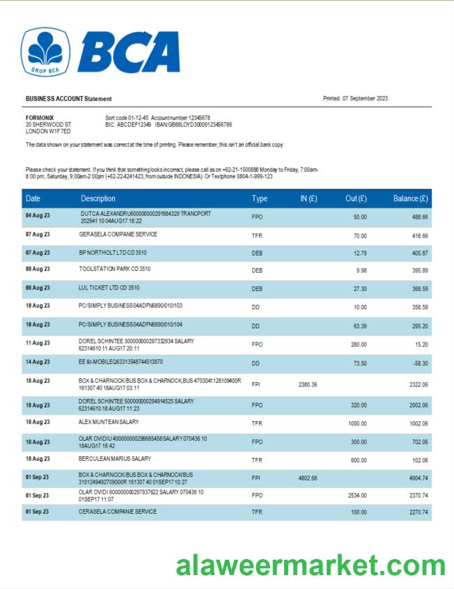 BCA Bank organization statement Word and PDF template